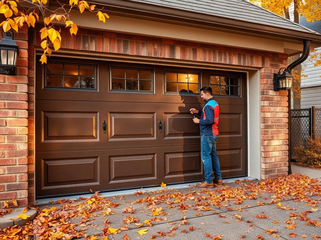 Autumn leaves near a well-maintained residential garage door