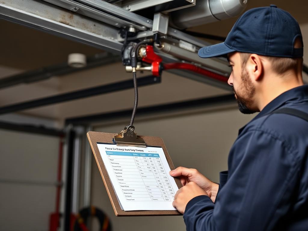 Professional garage door technician inspecting and repairing door components